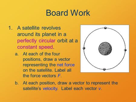 Board Work 1.A satellite revolves around its planet in a perfectly circular orbit at a constant speed. a.At each of the four positions, draw a vector representing.