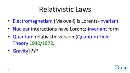 Relativistic Laws Electromagnetism (Maxwell) is Lorentz-invariant Nuclear interactions have Lorentz-invariant form Quantum relativistic version (Quantum.