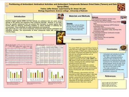 Partitioning of Antioxidant /Antiradical Activities and Antioxidant Compounds Between Dried Dates (Tamers) and Date Syrup (Dibs) Fatima Jaffer Ahmed, supervised.