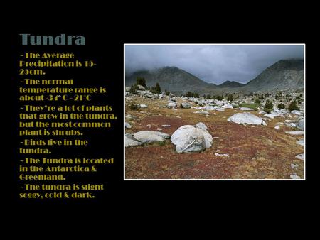 Tundra ~The Average Precipitation is 15- 25cm. ~The normal temperature range is about -34 ° C - 21°C ~They’re a lot of plants that grow in the tundra,