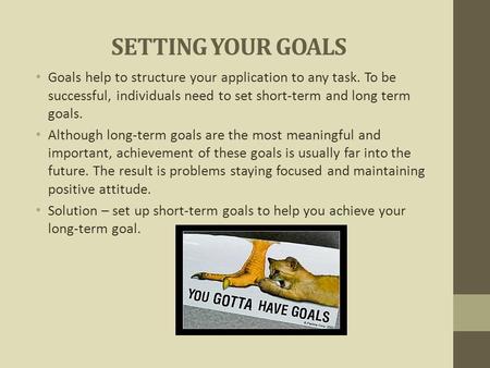 SETTING YOUR GOALS Goals help to structure your application to any task. To be successful, individuals need to set short-term and long term goals. Although.