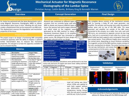Concept Generation Mechanical Actuator for Magnetic Resonance Elastography of the Lumbar Spine Overview Background Information Project Scope Metrics Design.
