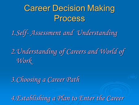 1.Self- Assessment and Understanding 2.Understanding of Careers and World of Work 3.Choosing a Career Path 4.Establishing a Plan to Enter the Career Career.