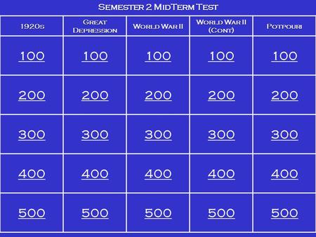 1920s Great Depression World War II World War II (Cont) Potpouri 100 200 300 400 500 Semester 2 MidTerm Test.