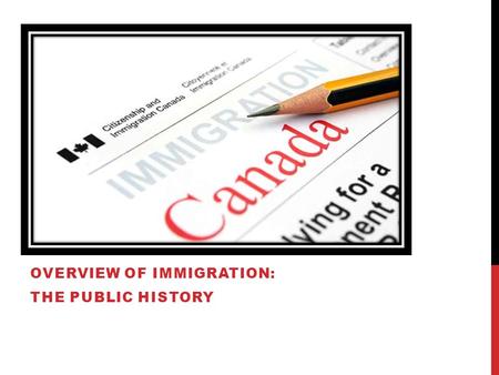 OVERVIEW OF IMMIGRATION: THE PUBLIC HISTORY. OBJECTIVES 1.Gain a broad perspective on the different eras of and trends in immigration (historical and.