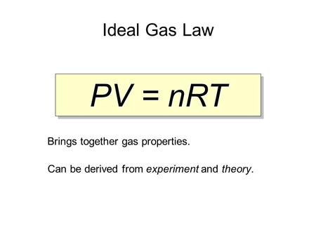 Ideal Gas Law PV = nRT Brings together gas properties. Can be derived from experiment and theory.