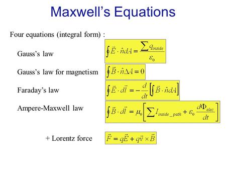 Four equations (integral form) : Gauss’s law Gauss’s law for magnetism Faraday’s law Ampere-Maxwell law + Lorentz force Maxwell’s Equations.