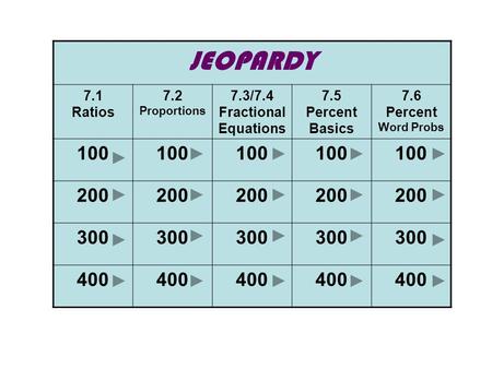 JEOPARDY 7.1 Ratios 7.2 Proportions 7.3/7.4 Fractional Equations 7.5 Percent Basics 7.6 Percent Word Probs 100 200 300 400.