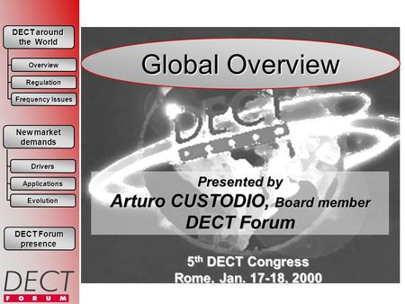 Global Overview Presented by Arturo CUSTODIO, Board member DECT Forum 5 th DECT Congress Rome, Jan. 17-18, 2000 DECT Forum DECT Forum presence DECT around.