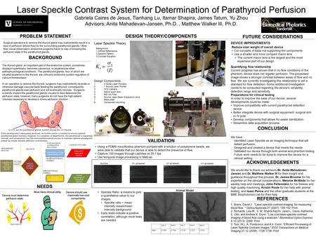 Laser Speckle Contrast System for Determination of Parathyroid Perfusion Gabriela Caires de Jesus, Tianhang Lu, Itamar Shapira, James Tatum, Yu Zhou Advisors: