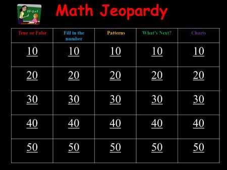 Math Jeopardy True or FalseFill in the number PatternsWhat’s Next?Charts 10 20 30 40 50.