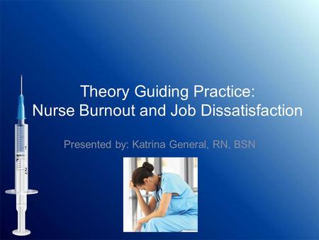 Theory Guiding Practice: Nurse Burnout and Job Dissatisfaction Presented by: Katrina General, RN, BSN.