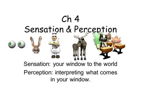 Ch 4 Sensation & Perception Sensation: your window to the world Perception: interpreting what comes in your window.