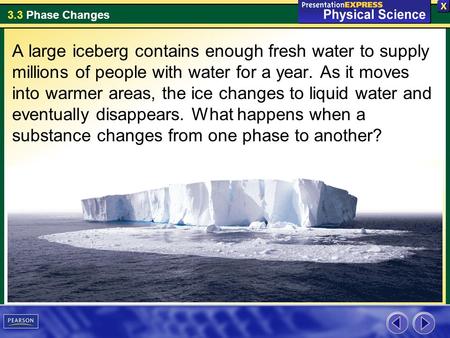3.3 Phase Changes A large iceberg contains enough fresh water to supply millions of people with water for a year. As it moves into warmer areas, the ice.