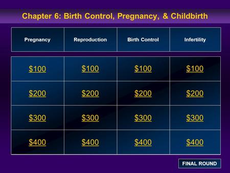 Chapter 6: Birth Control, Pregnancy, & Childbirth $100 $200 $300 $400 $100$100$100 $200 $300 $400 PregnancyReproductionBirth ControlInfertility FINAL ROUND.