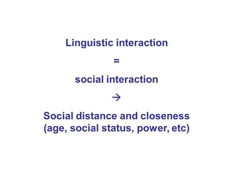 Linguistic interaction = social interaction  Social distance and closeness (age, social status, power, etc)