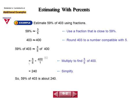 Estimate 59% of 403 using fractions. Estimating With Percents COURSE 3 LESSON 6-2 59% 3535 Use a fraction that is close to 59%. 403400Round 403 to a number.