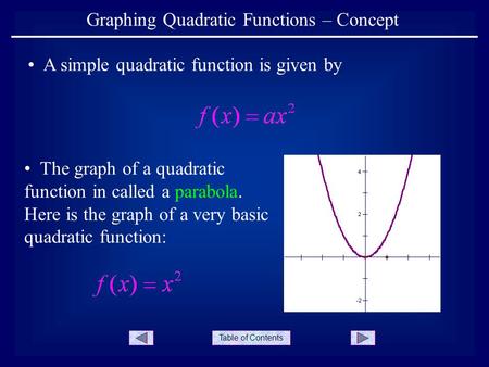 Table of Contents Graphing Quadratic Functions – Concept A simple quadratic function is given by The graph of a quadratic function in called a parabola.