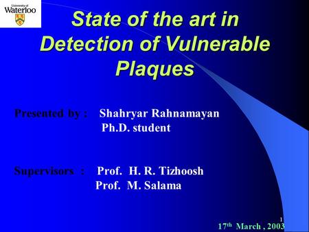 1 State of the art in Detection of Vulnerable Plaques Presented by : Shahryar Rahnamayan Ph.D. student Supervisors : Prof. H. R. Tizhoosh Prof. M. Salama.
