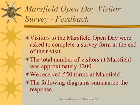 Jessica Chapman - 5 December 2001 Marsfield Open Day Visitor Survey - Feedback  Visitors to the Marsfield Open Day were asked to complete a survey form.