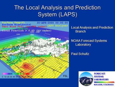 The Local Analysis and Prediction System (LAPS) Local Analysis and Prediction Branch NOAA Forecast Systems Laboratory Paul Schultz.