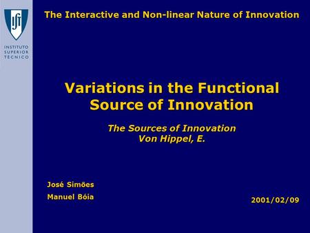 José Simões Manuel Bóia Variations in the Functional Source of Innovation The Sources of Innovation Von Hippel, E. 2001/02/09 The Interactive and Non-linear.