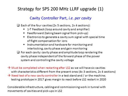 Strategy for SPS 200 MHz LLRF upgrade (1)  Each of the four cavities (2x 5 sections, 2x 4 sections):  1-T Feedback (loop around cavity and amplifier)