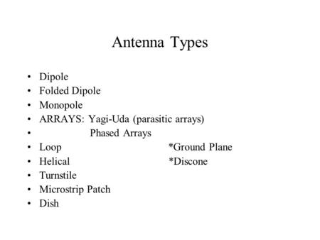 Antenna Types Dipole Folded Dipole Monopole