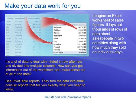 Get started with PivotTable reports Make your data work for you Imagine an Excel worksheet of sales figures. It lays out thousands of rows of data about.
