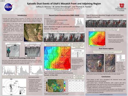 Episodic Dust Events of Utah’s Wasatch Front and Adjoining Region Jeffrey D. Massey 1, W. James Steenburgh 1, and Thomas H. Painter 2 1 Department of Atmospheric.
