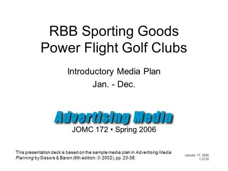 January 17, 2006 1 of 20 RBB Sporting Goods Power Flight Golf Clubs Introductory Media Plan Jan. - Dec. JOMC 172 Spring 2006 This presentation deck is.