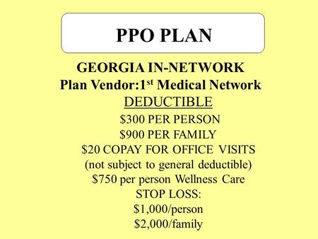 GEORGIA IN-NETWORK Plan Vendor:1 st Medical Network DEDUCTIBLE $300 PER PERSON $900 PER FAMILY $20 COPAY FOR OFFICE VISITS (not subject to general deductible)