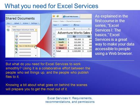 Excel Services II: Requirements, recommendations, and permissions What you need for Excel Services As explained in the first course in the series, “Excel.