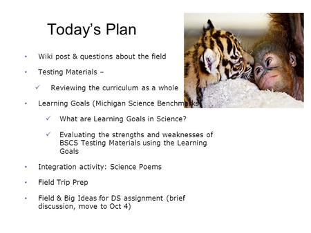 Today’s Plan Wiki post & questions about the field Testing Materials – Reviewing the curriculum as a whole Learning Goals (Michigan Science Benchmarks)