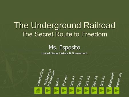 The Underground Railroad The Secret Route to Freedom Ms. Esposito United States History & Government Introduction Background Information Roles Process.
