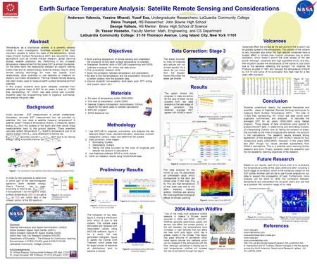 Earth Surface Temperature Analysis: Satellite Remote Sensing and Considerations Anderson Valencia, Yassine Mhandi, Yusef Esa, Undergraduate Researchers: