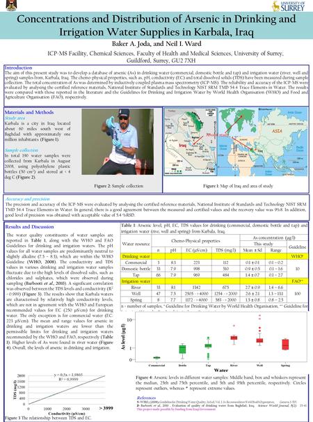 Baker A. Joda, and Neil I. Ward Concentrations and Distribution of Arsenic in Drinking and Irrigation Water Supplies in Karbala, Iraq ICP-MS Facility,