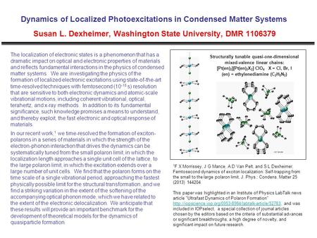 Dynamics of Localized Photoexcitations in Condensed Matter Systems Susan L. Dexheimer, Washington State University, DMR 1106379 The localization of electronic.