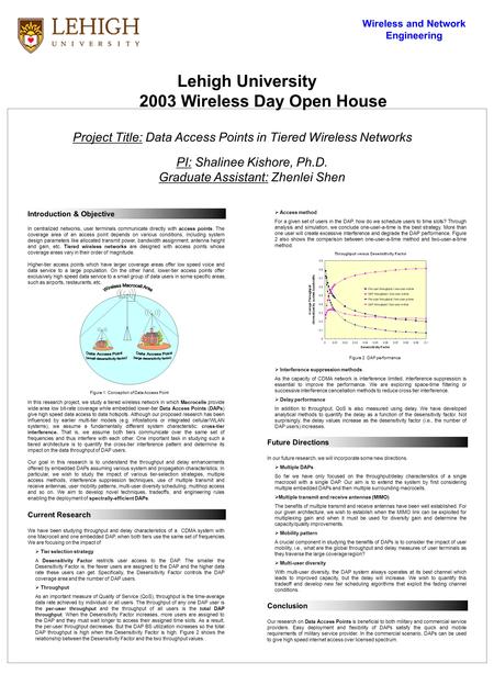 Project Title: Data Access Points in Tiered Wireless Networks PI: Shalinee Kishore, Ph.D. Graduate Assistant: Zhenlei Shen Introduction & Objective In.