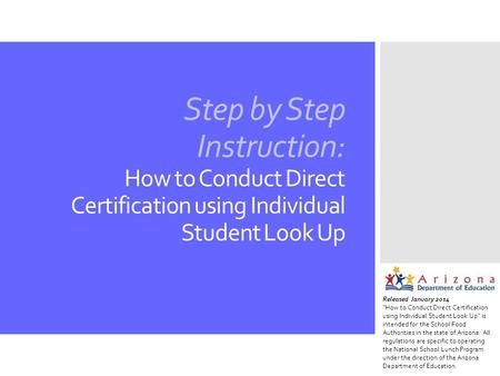 Step by Step Instruction: How to Conduct Direct Certification using Individual Student Look Up Released January 2014 “How to Conduct Direct Certification.