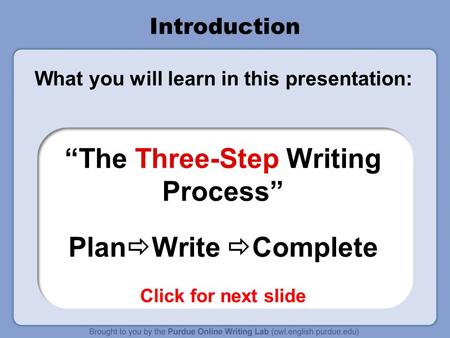 Introduction What you will learn in this presentation: “The Three-Step Writing Process” Plan  Write  Complete Click for next slide.