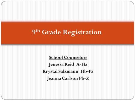 School Counselors Jenessa Reid A-Ha Krystal Salzmann Hb-Pa Jeanna Carlson Pb-Z 9 th Grade Registration.