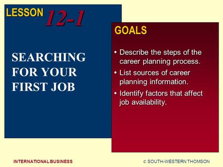 © SOUTH-WESTERN THOMSONINTERNATIONAL BUSINESS LESSON12-1 GOALS  Describe the steps of the career planning process.  List sources of career planning information.