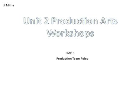 K Milne PMD 1 Production Team Roles. Stage Manager The Stage Manager is responsible for the running of the stage during production. They are required.