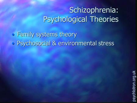 Schizophrenia: Psychological Theories Family systems theoryFamily systems theory Psychosocial & environmental stressPsychosocial & environmental stress.
