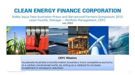 © Clean Energy Finance Corporation Ridley Aqua Feed Australian Prawn and Barramundi Farmers Symposium 2015 Lezel Fouché, Manager – Portfolio Management,