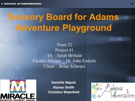 Sensory Board for Adams Adventure Playground Danielle Napoli Alyssa Smith Christine Wakefield Team 22 Project 41 TA – Sarah Brittain Faculty Advisor –