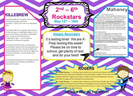 . 2 nd – 6 th Rockstars May 12 th – 16th Weekly Reminders 4th Grade Literacy – In Literacy class students will continue to review and learn comprehension.