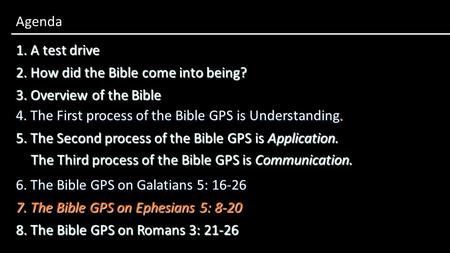 1. A test drive Agenda 3. Overview of the Bible 2. How did the Bible come into being? 4. The First process of the Bible GPS is Understanding. 5. The Second.