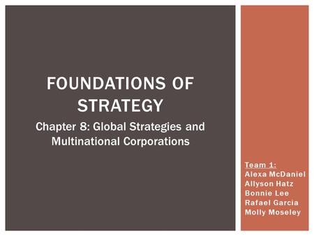 Team 1: Alexa McDaniel Allyson Hatz Bonnie Lee Rafael Garcia Molly Moseley FOUNDATIONS OF STRATEGY Chapter 8: Global Strategies and Multinational Corporations.